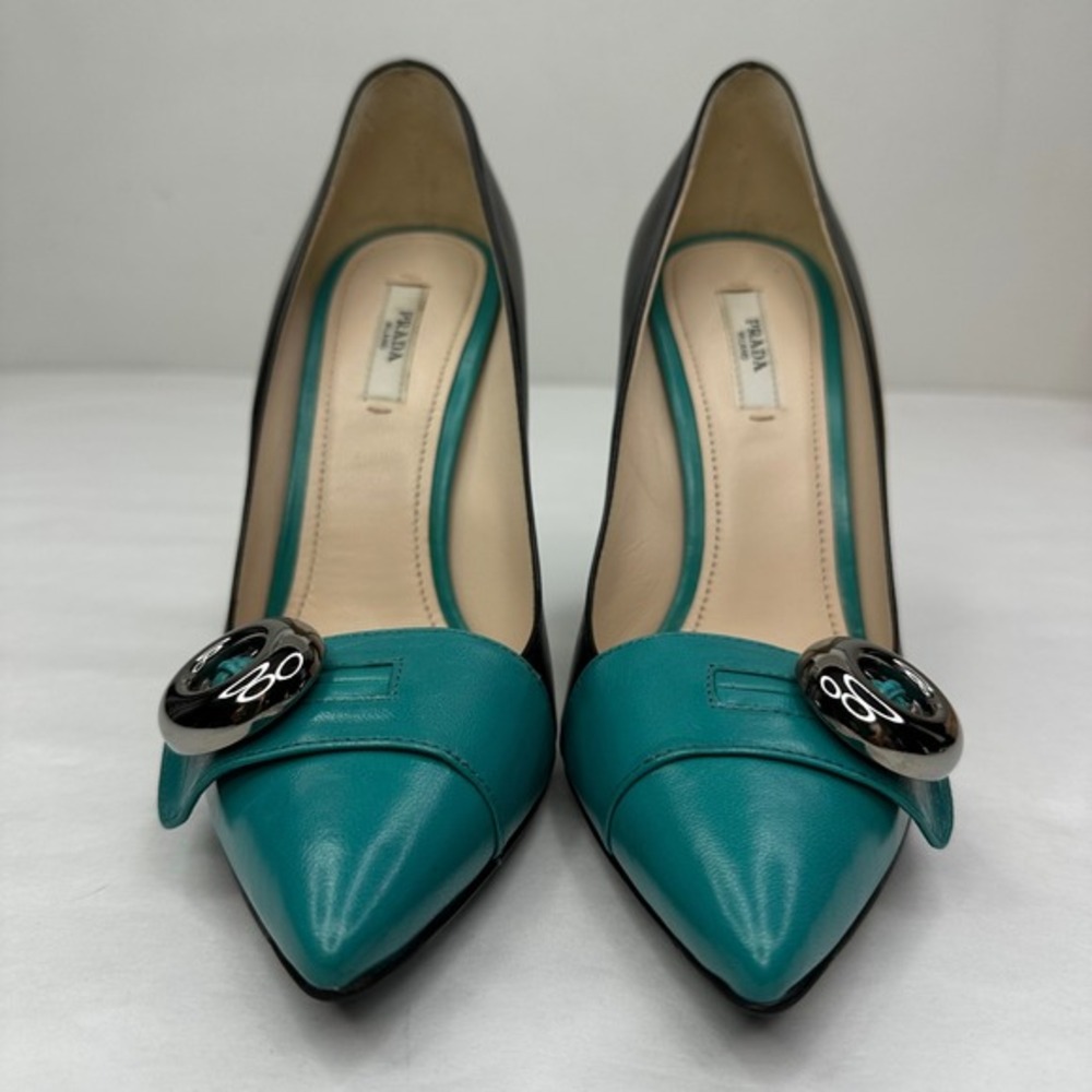 Prada Womens Capretto Turchese Bicolor Black Turquoise‎ Leather Pumps 37.5